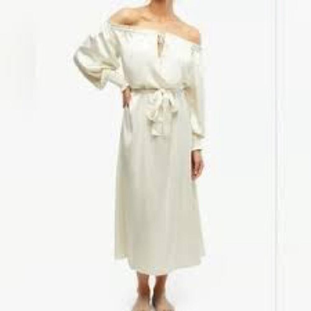 NWT $119 WE WORE WHAT Dress Off-Shoulder Ivory Midi Dress with Tie Waist M